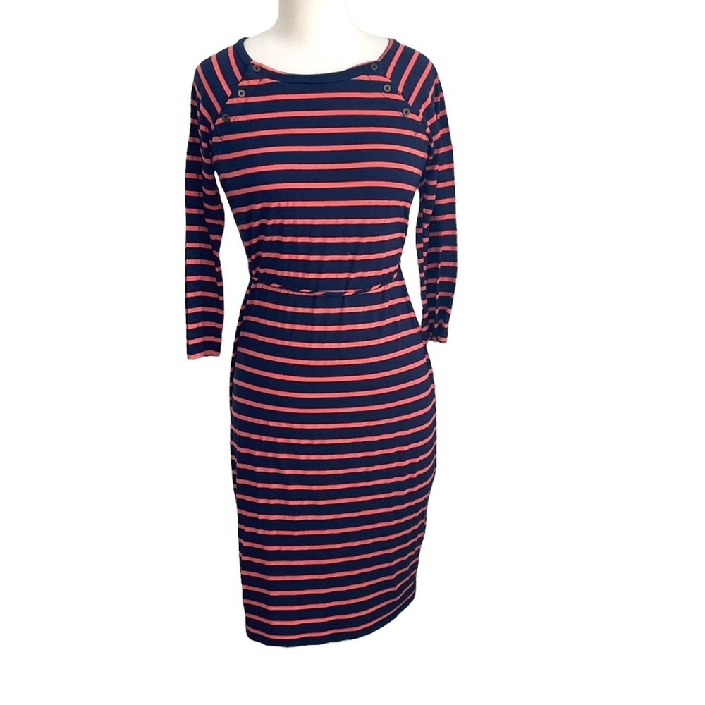 MOTHERHOOD maternity orange and navy blue midi dress with ties in size small - Picture 2 of 11